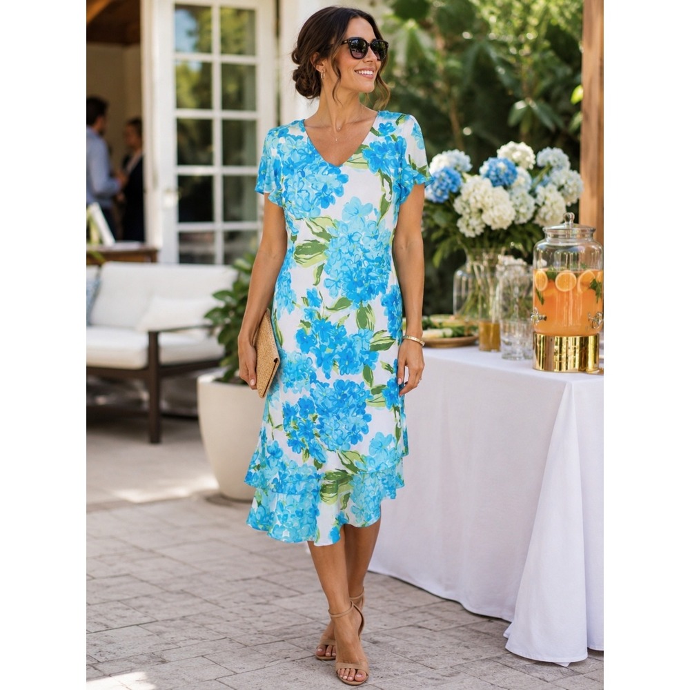 Plaza South Blue Floral Chiffon Midi Dress Sz 16P Spring Garden Feminine Vtg Y2K